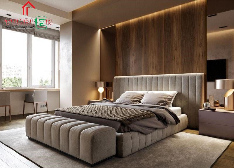 Vách tường được ốp gỗ công nghiệp được thiết kế đơn giản, sang trọng sẽ là sự bổ sung ấm áp tuyệt vời cho căn phòng ngủ của bạn 
