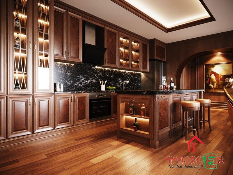 Tủ bếp mang phong cách tân cổ điểm phù hợp với không gian nhà bếp rộng rãi