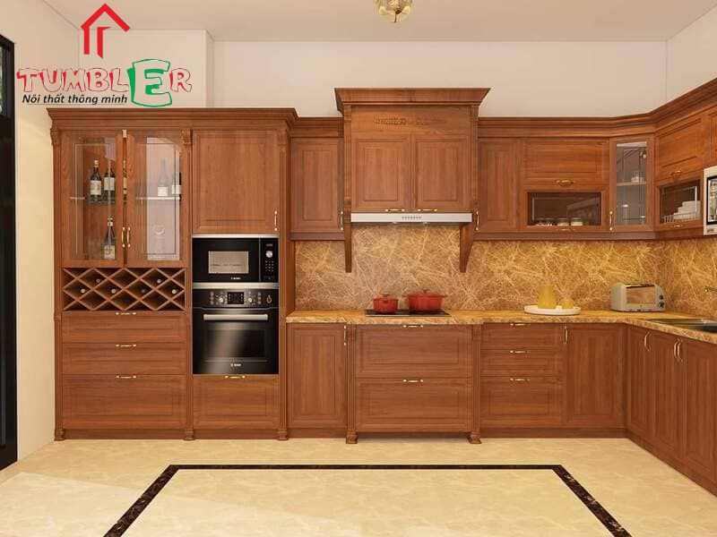 Tủ bếp gỗ gõ đỏ phong cách cổ điển