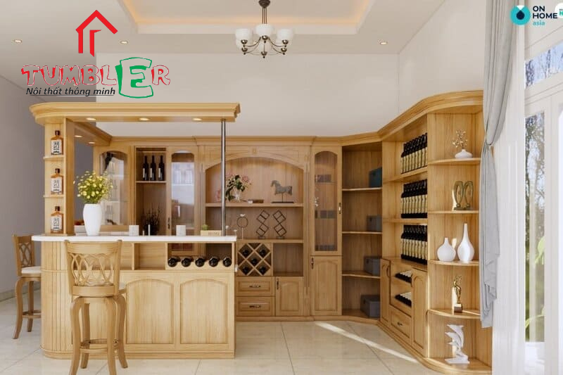 Tủ bếp được tích hợp tủ rượu bằng gỗ tự nhiên mang đến sự sang trọng, ấm áp