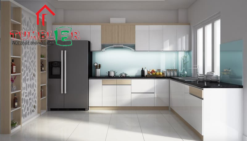 Mẫu tủ bếp Laminate 2 với thiết kế hình chữ L nhẹ nhàng với 2 tông màu trắng - xanh