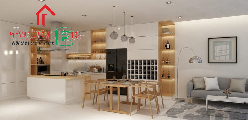 Mẫu thiết kế nội thất phòng bếp kết hợp bộ bàn ăn và bộ ghế sofa lạ mắt